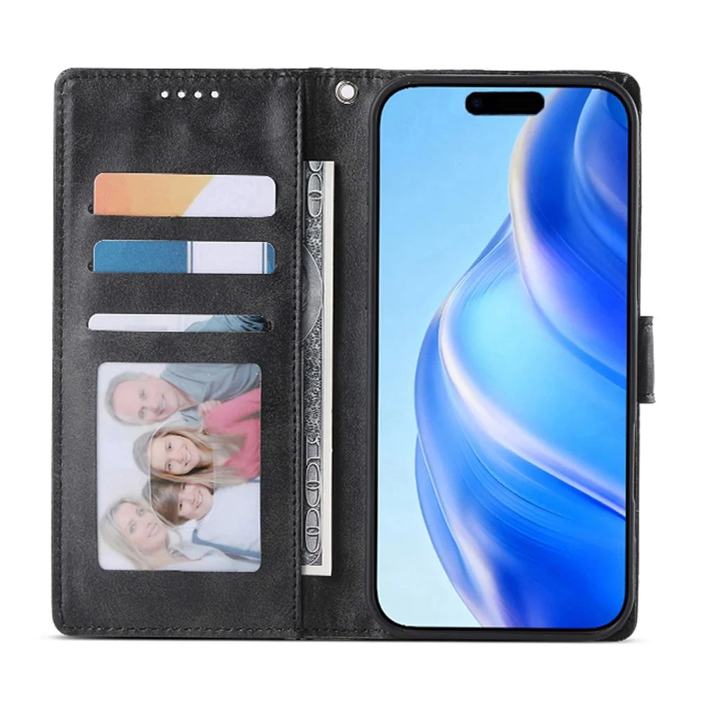 For iPhone 18 Pro / 17 Pro Case Stand Wallet Calf Texture PU Leather Flip Phone Cover with Wrist Strap - Black - 2