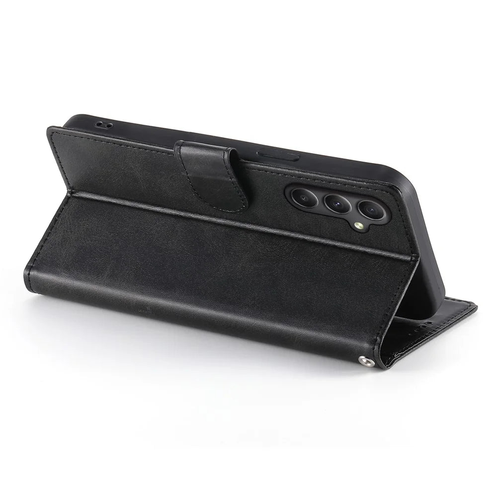 For Samsung Galaxy A35 5G Case Stand Wallet Calf Texture PU Leather Flip Phone Cover with Wrist Strap - Black - 3