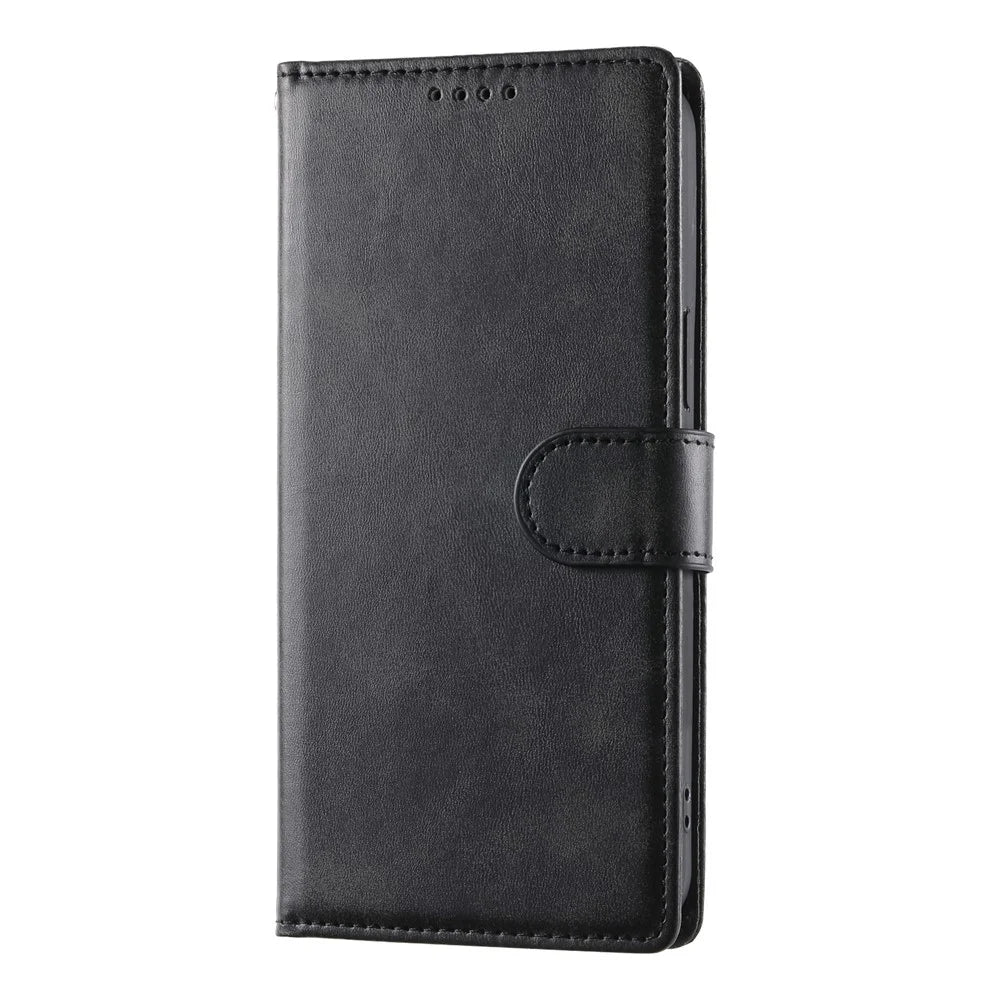For Samsung Galaxy A35 5G Case Stand Wallet Calf Texture PU Leather Flip Phone Cover with Wrist Strap - Black - 5