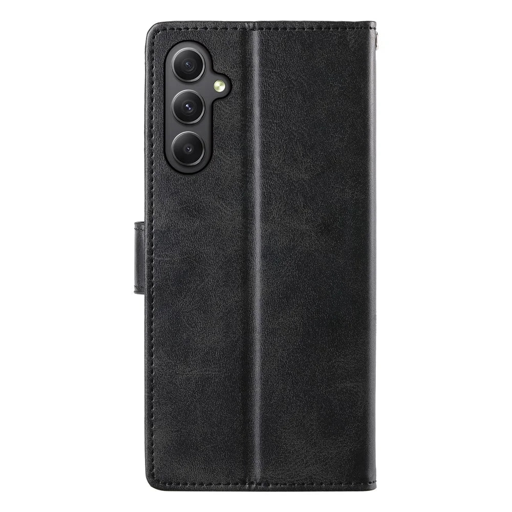 For Samsung Galaxy A35 5G Case Stand Wallet Calf Texture PU Leather Flip Phone Cover with Wrist Strap - Black - 6