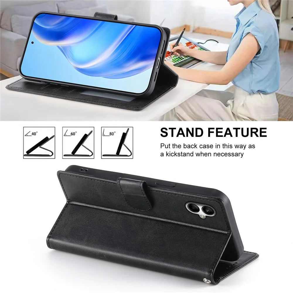 Wallet Case For Samsung Galaxy A08 5G / A08 4G / A07 5G / A07 4G / A06 4G / A06 5G Stand Calf Texture PU Leather Flip Phone Cover with Wrist Strap - Black - 4