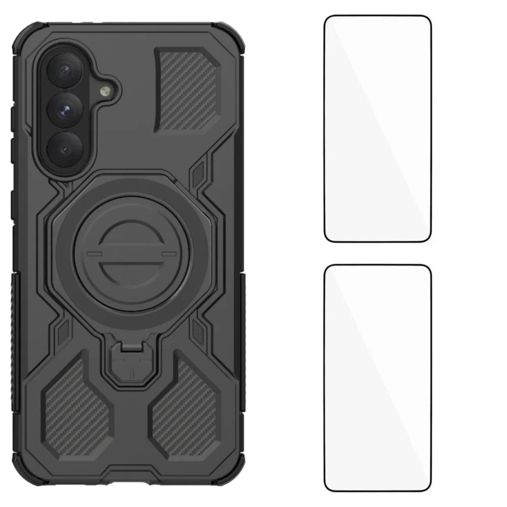 WANLONFENG For Samsung Galaxy A55 5G Case Kickstand with 2Pcs Screen Film  KJ Series PC TPU Phone Cover (Big Lens Hole) - Black - 1