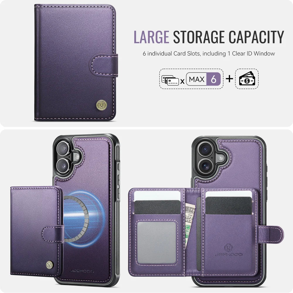 JEEHOOD For iPhone 17 Case  J09 RFID Blocking Card Holder Leather Back Phone Cover Compatible with MagSafe - Purple - 3