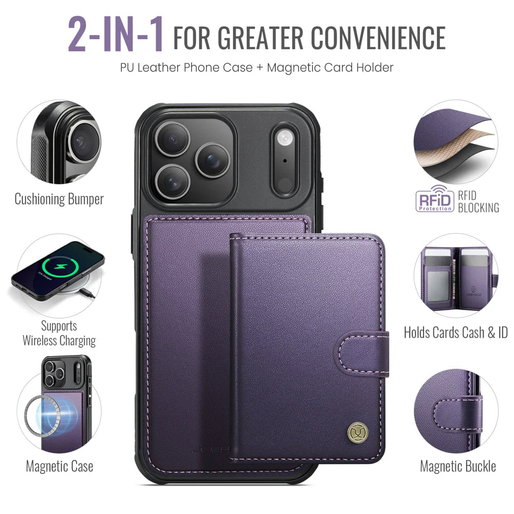 JEEHOOD For iPhone 17 Pro Max Case  J09 RFID Blocking Card Holder Leather Back Phone Cover Compatible with MagSafe - Purple - 2