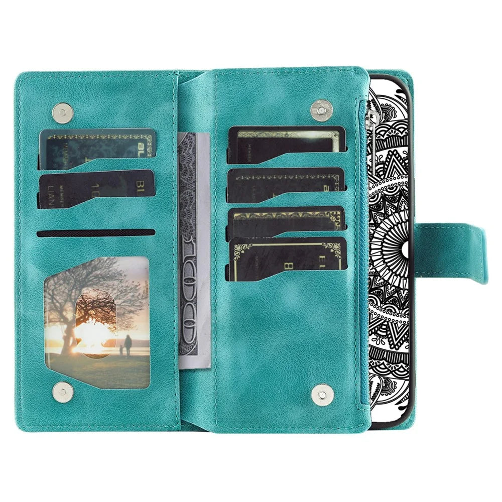 For Samsung Galaxy S26 Wallet Case Mandala Flower Pattern PU Leather Phone Cover with Wrist Strap - Mint Green - 2