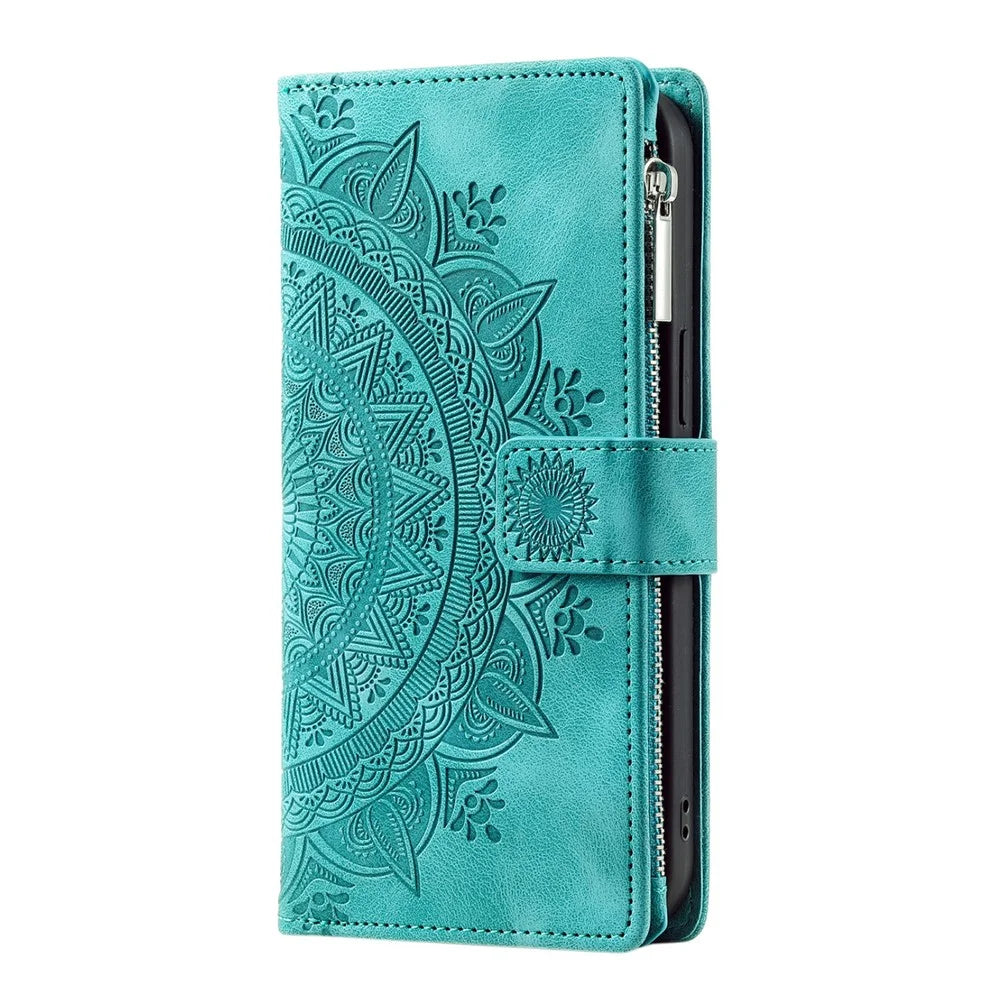 For Samsung Galaxy S26 Wallet Case Mandala Flower Pattern PU Leather Phone Cover with Wrist Strap - Mint Green - 7