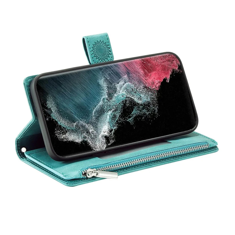 For Samsung Galaxy S26 Ultra Wallet Case Mandala Flower Pattern PU Leather Phone Cover with Wrist Strap - Mint Green - 4