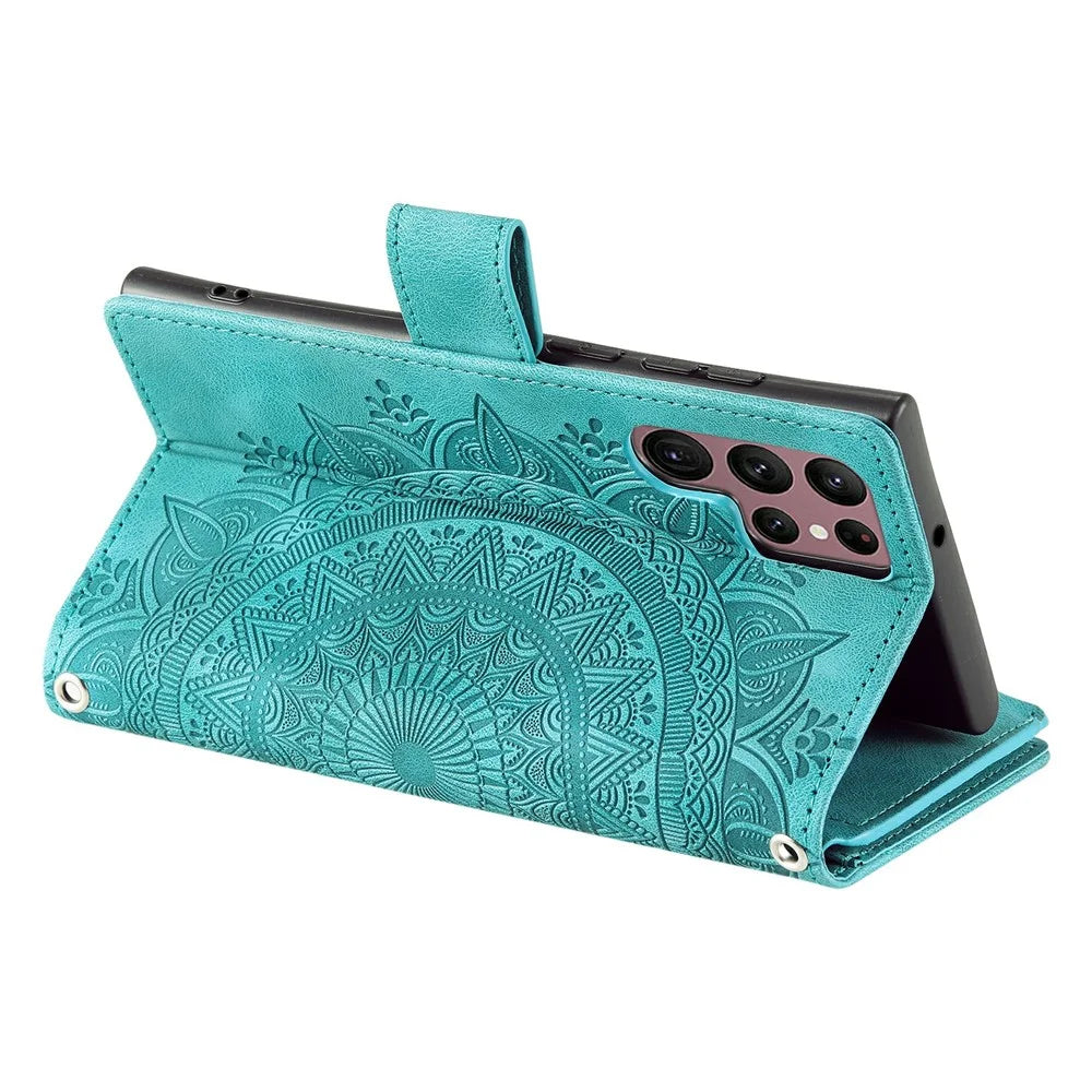 For Samsung Galaxy S26 Ultra Wallet Case Mandala Flower Pattern PU Leather Phone Cover with Wrist Strap - Mint Green - 5