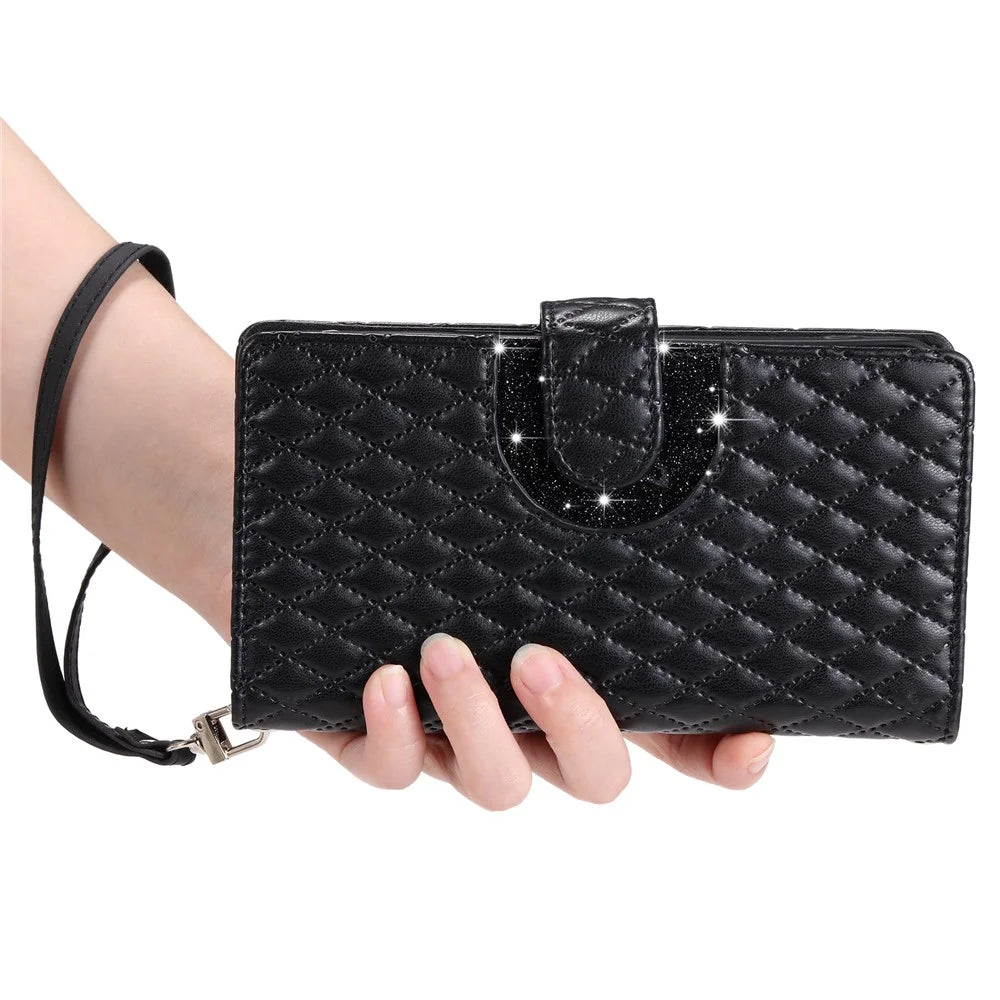 For Samsung Galaxy S26 Ultra Case Zipper Pocket Glitter Leather Phone Cover with Wrist Strap - Black - 7