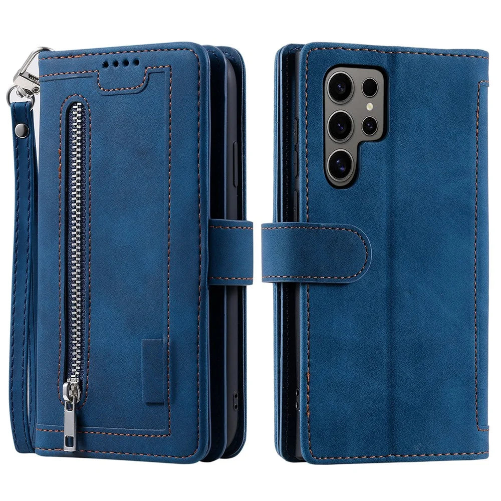 For Samsung Galaxy S26 Ultra Case 9 Card Slots Zipper Wallet PU Leather Phone Cover with Wrist Strap - Blue - 1
