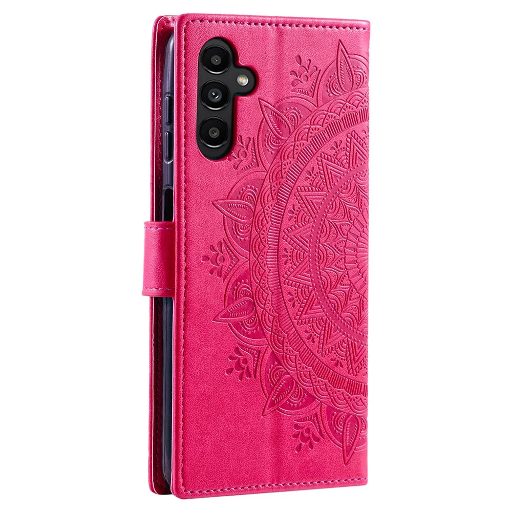 For Samsung Galaxy S26 Stand Case Imprinted Totem PU Leather Wallet Phone Cover with Wrist Strap - Rose - 6