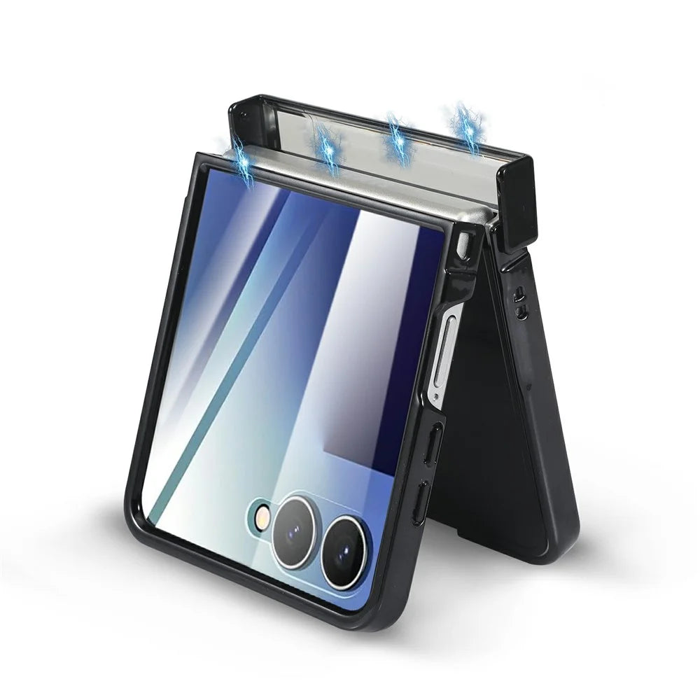 For Samsung Galaxy Z Flip7 5G Magnetic Case Electroplating CD Vein PC Phone Cover with Tempered Glass Screen Film - Black - 3