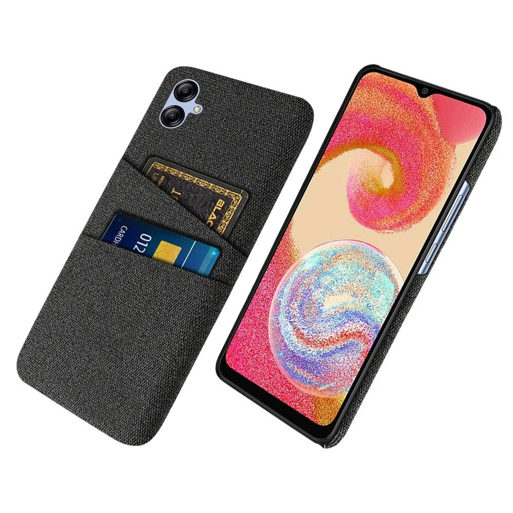 For Samsung Galaxy A04 4G (164.4 x 76.3 x 9.1 mm) Cloth Texture Phone Case Dual Card Slots Bump Proof PC Protective Back Cover - Black - 1