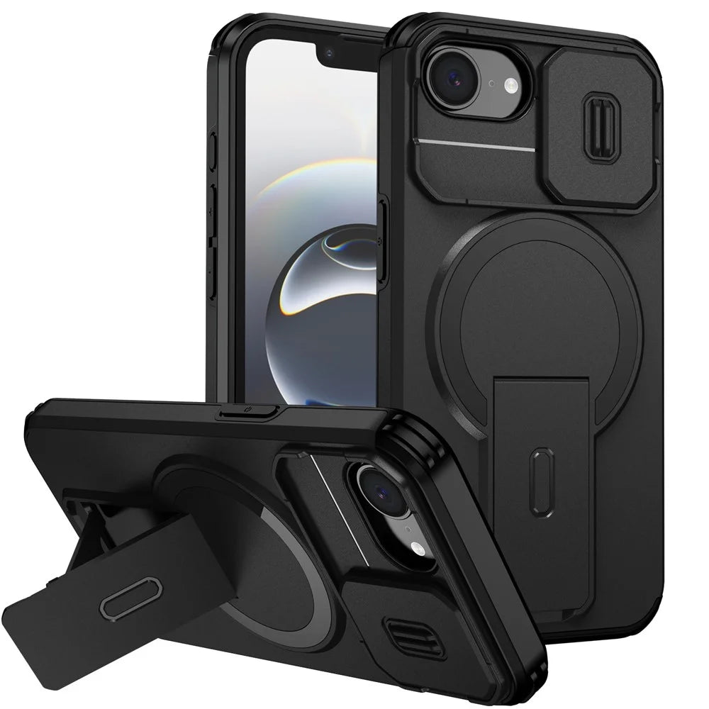 For iPhone 17e / 16e Case Kickstand Camera Slider PC + TPU Phone Cover Compatible with MagSafe - Black - 1