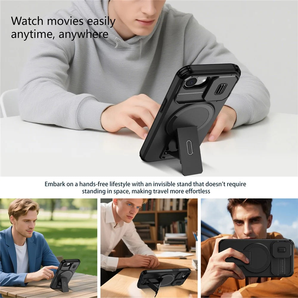 For iPhone 17e / 16e Case Kickstand Camera Slider PC + TPU Phone Cover Compatible with MagSafe - Black - 5