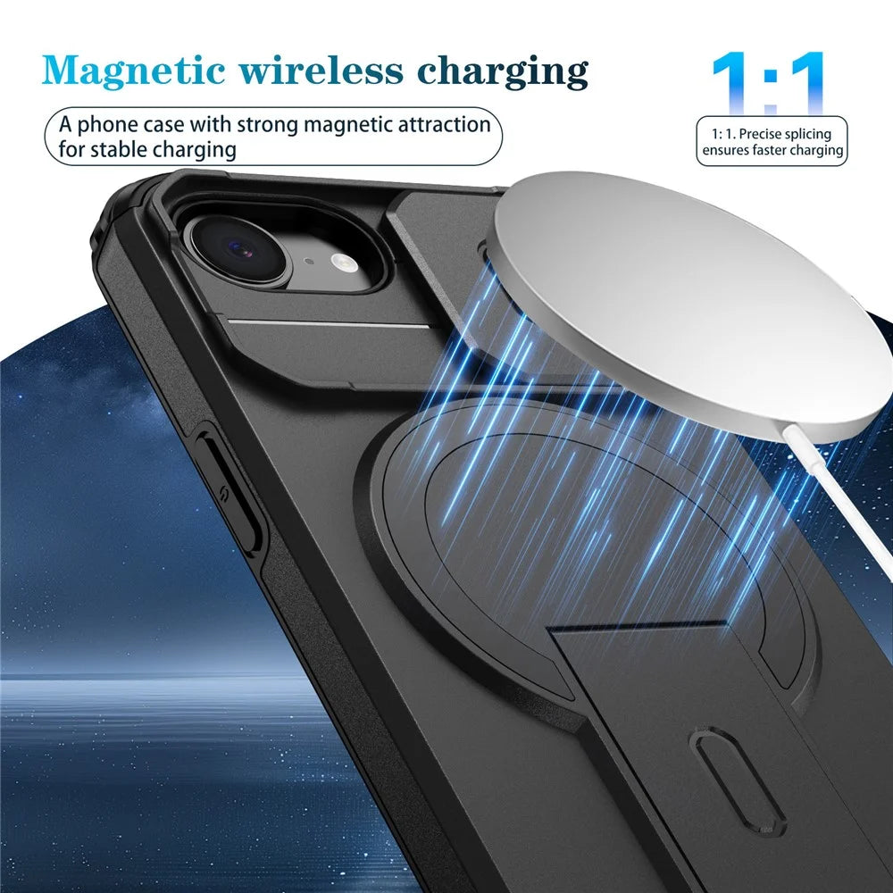 For iPhone 17e / 16e Case Kickstand Camera Slider PC + TPU Phone Cover Compatible with MagSafe - Black - 6