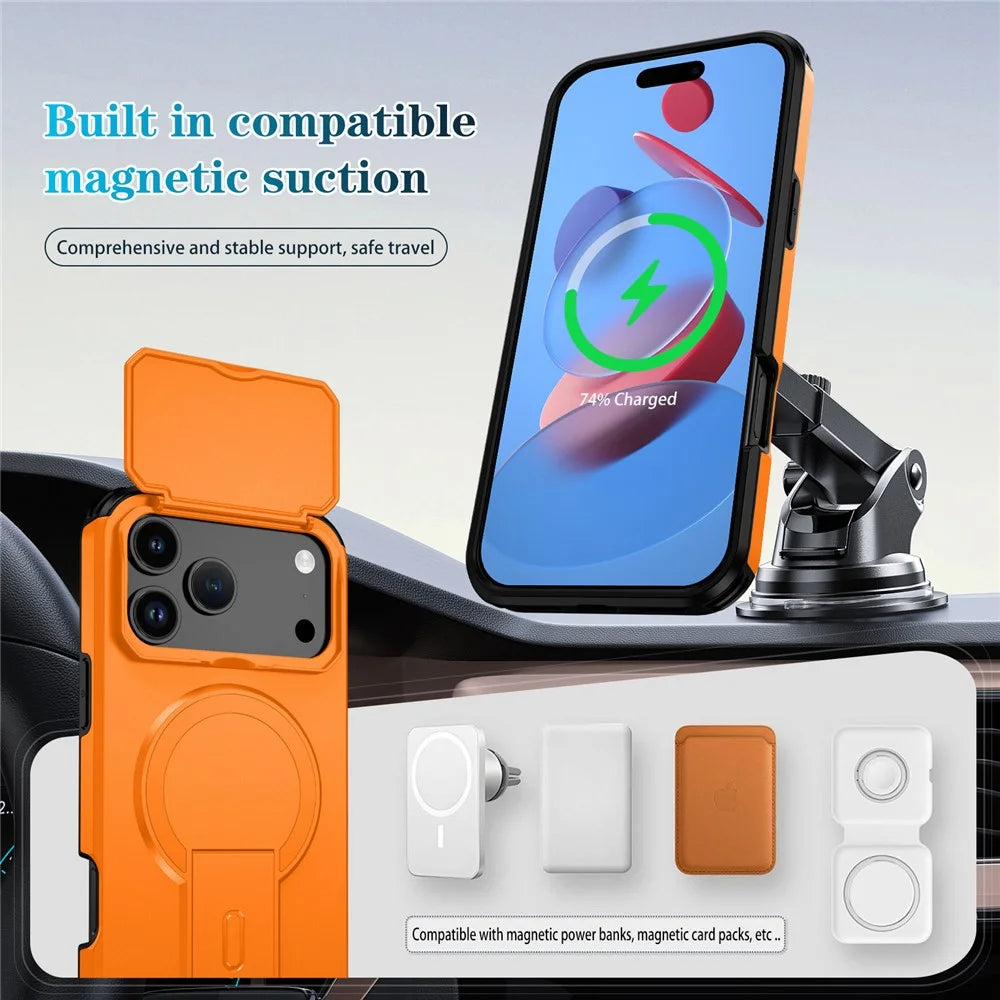 For iPhone 18 Pro Max / 17 Pro Max Case Kickstand Camera Slider PC + TPU Phone Cover Compatible with MagSafe - Orange - 7