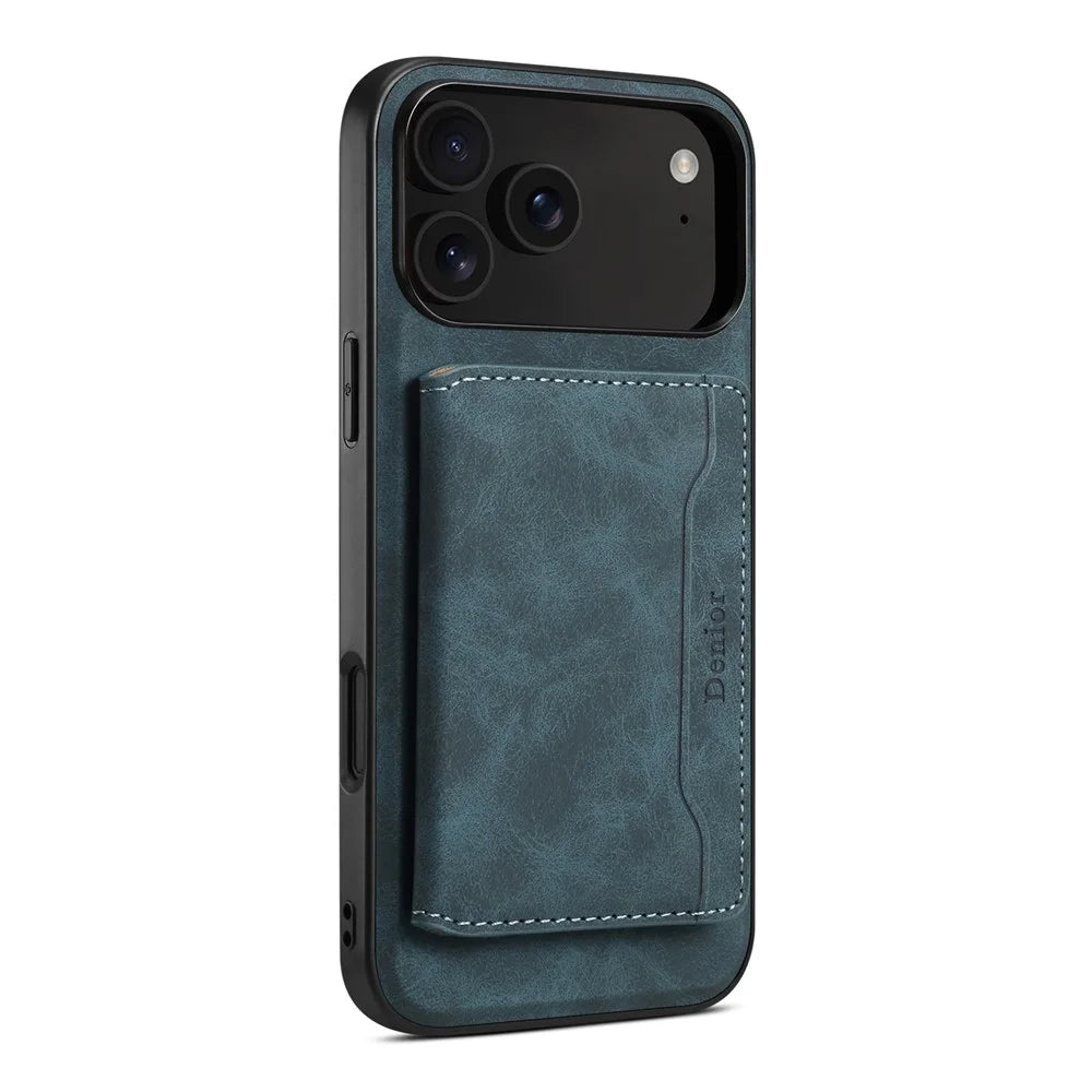 DENIOR D13 For iPhone 17 Pro Magnetic Case Card Holder Leather Coated PC + TPU Phone Cover - Blue - 1