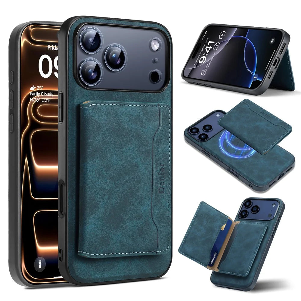 DENIOR D13 For iPhone 17 Pro Max Magnetic Case Card Holder Leather Coated PC + TPU Phone Cover - Blue - 2