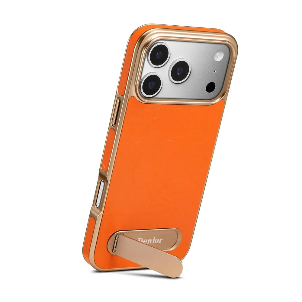 DENIOR A25+1 For iPhone 17 Pro Max Magnetic Case Kickstand Electroplating Cowhide Texture Genuine Cow Leather Back Phone Cover - Orange - 2