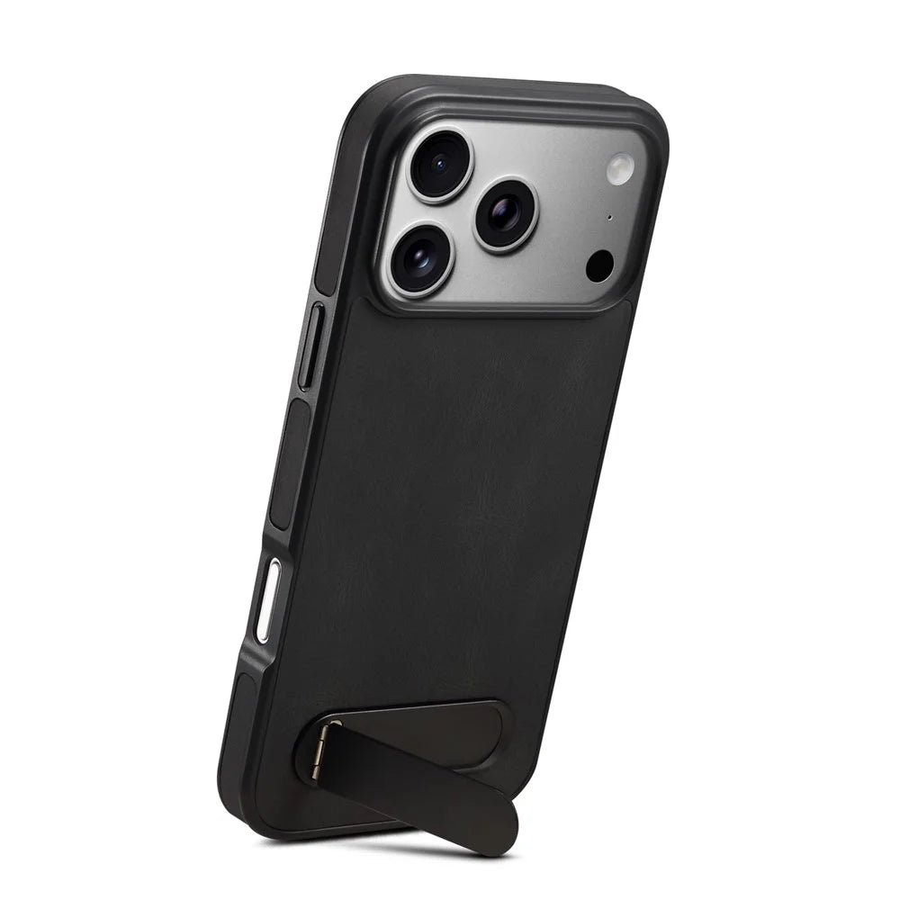 DENIOR A25+2 For iPhone 17 Pro Case Compatible with MagSafe Kickstand Skin Touch Leather PC TPU Phone Cover - Black - 2