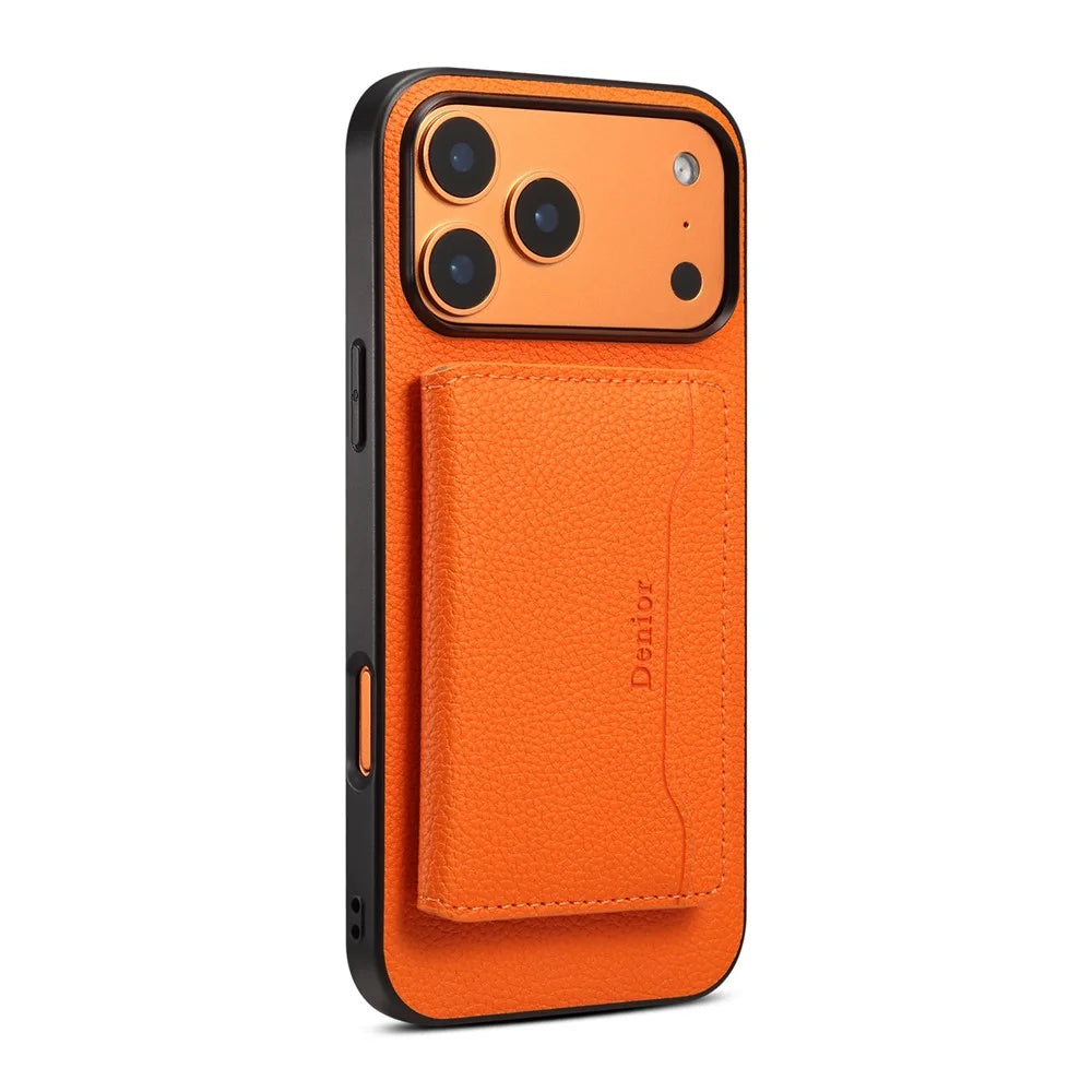DENIOR D30 For iPhone 17 Pro Case Compatible with MagSafe Detachable Card Holder Kickstand Litchi Texture Leather Back Phone Cover - Orange - 1