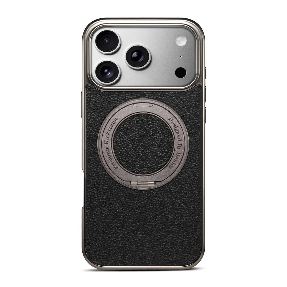 DENIOR A23+2 For iPhone 17 Pro Case Compatible with MagSafe Rotary Kickstand Leather Back Phone Cover - Black - 1