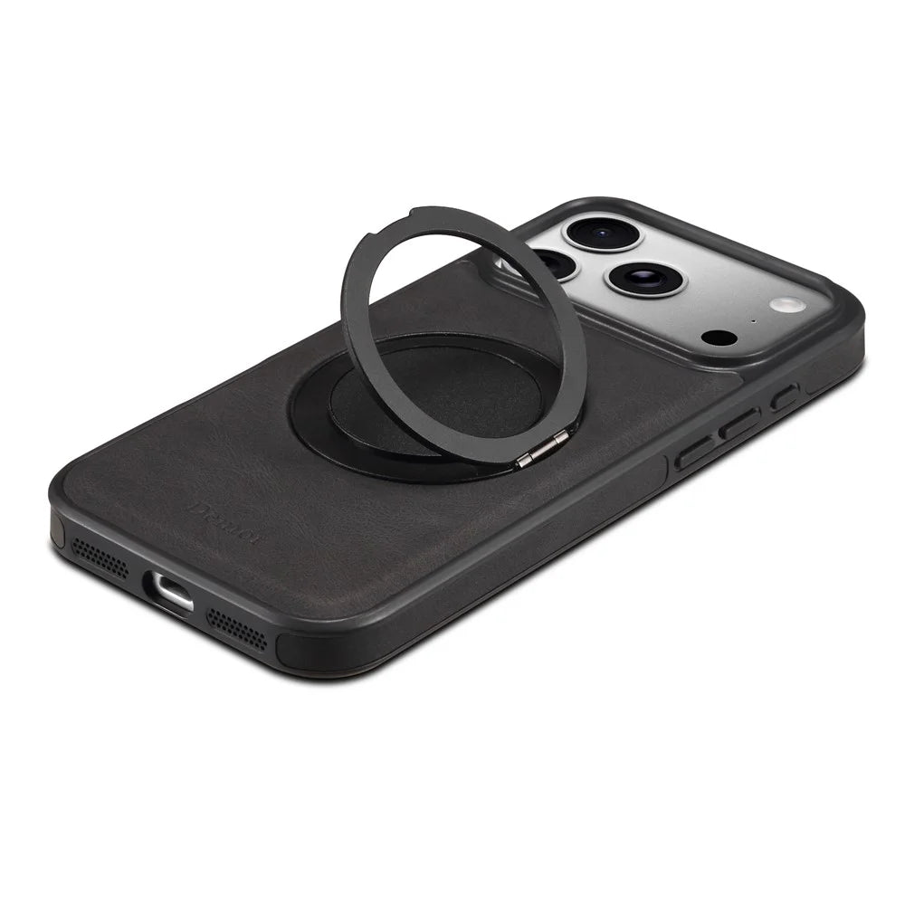 DENIOR A14 For iPhone 17 Pro Max Magnetic Case Rotary Kickstand Leather PC TPU Phone Cover - Black - 5