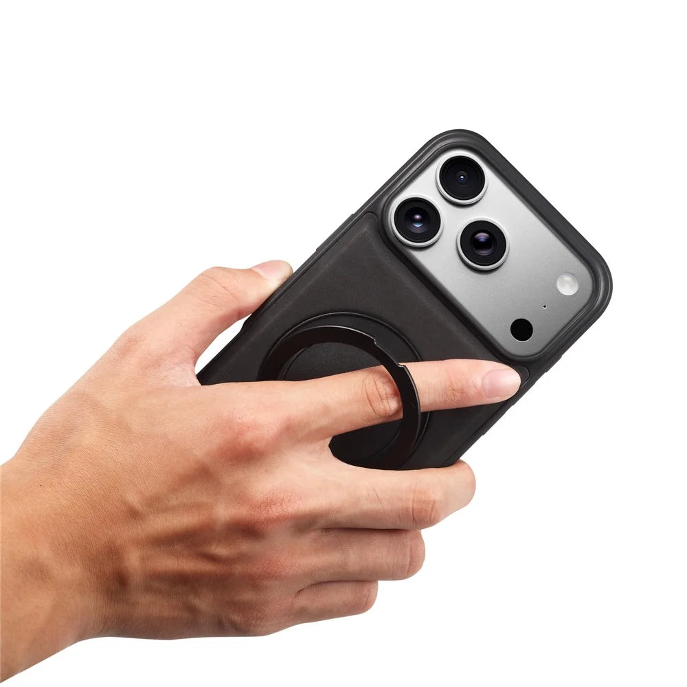 DENIOR A14 For iPhone 17 Pro Max Magnetic Case Rotary Kickstand Leather PC TPU Phone Cover - Black - 6