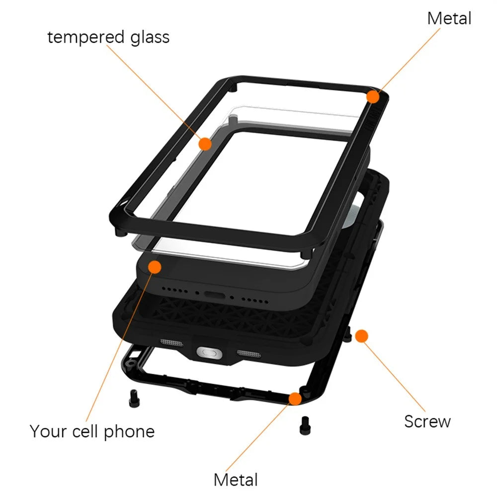 LOVE MEI For iPhone 17 Pro Case Tempered Glass Screen Protector Metal + Silicone Phone Cover - Black - 2