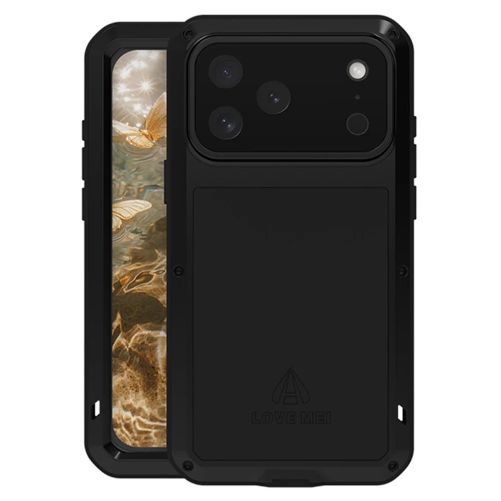 LOVE MEI For iPhone 17 Pro Max Case Tempered Glass Screen Protector Metal + Silicone Phone Cover - Black - 1