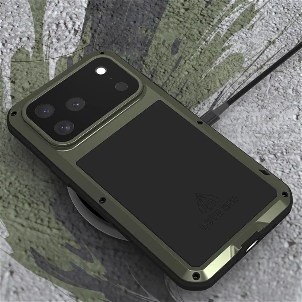 LOVE MEI For iPhone 17 Pro Max Case Tempered Glass Screen Protector Metal + Silicone Phone Cover - Black - 6