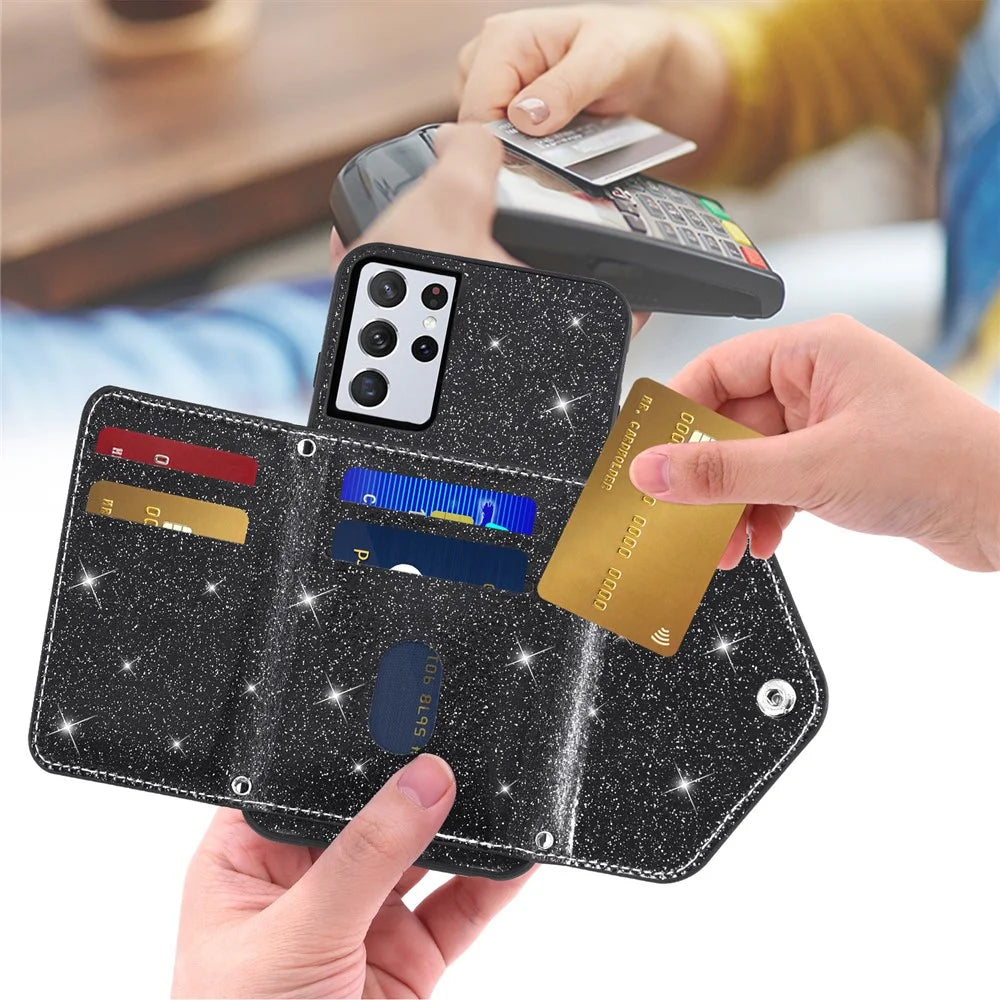 For Samsung Galaxy S25 Ultra Case Card Holder Kickstand PU Leather + TPU Glitter Phone Cover with Shoulder Strap - Black - 2