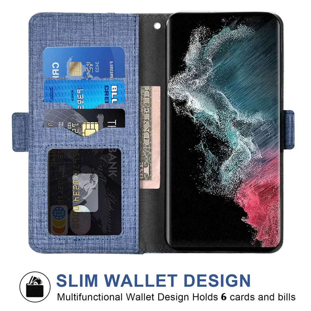 For Samsung Galaxy S24 Ultra Case Jean Cloth Texture PU Leather Wallet Phone Cover with Rotating Card Slots - Blue - 2