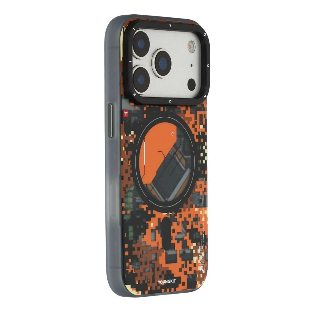 YOUNGKIT For iPhone 17 Pro Magnetic Case Pixel Camouflage 2.0 Shockproof TPU PC Phone Back Cover - Orange - 1