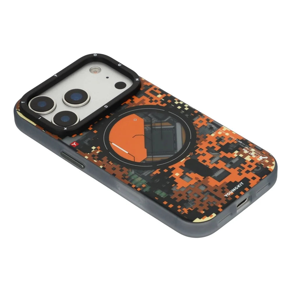 YOUNGKIT For iPhone 17 Pro Max Magnetic Case Pixel Camouflage 2.0 Shockproof TPU PC Phone Back Cover - Orange - 4