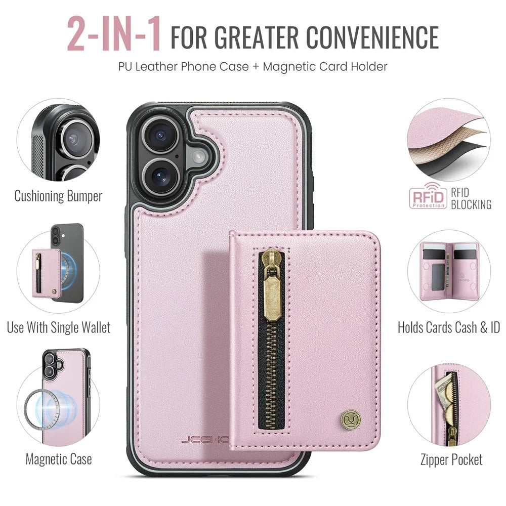 JEEHOOD J12 For iPhone 17 Magnetic Case Detachable Zipper Wallet Kickstand Leather Back Cover  Compatible with MagSafe - Pink - 2