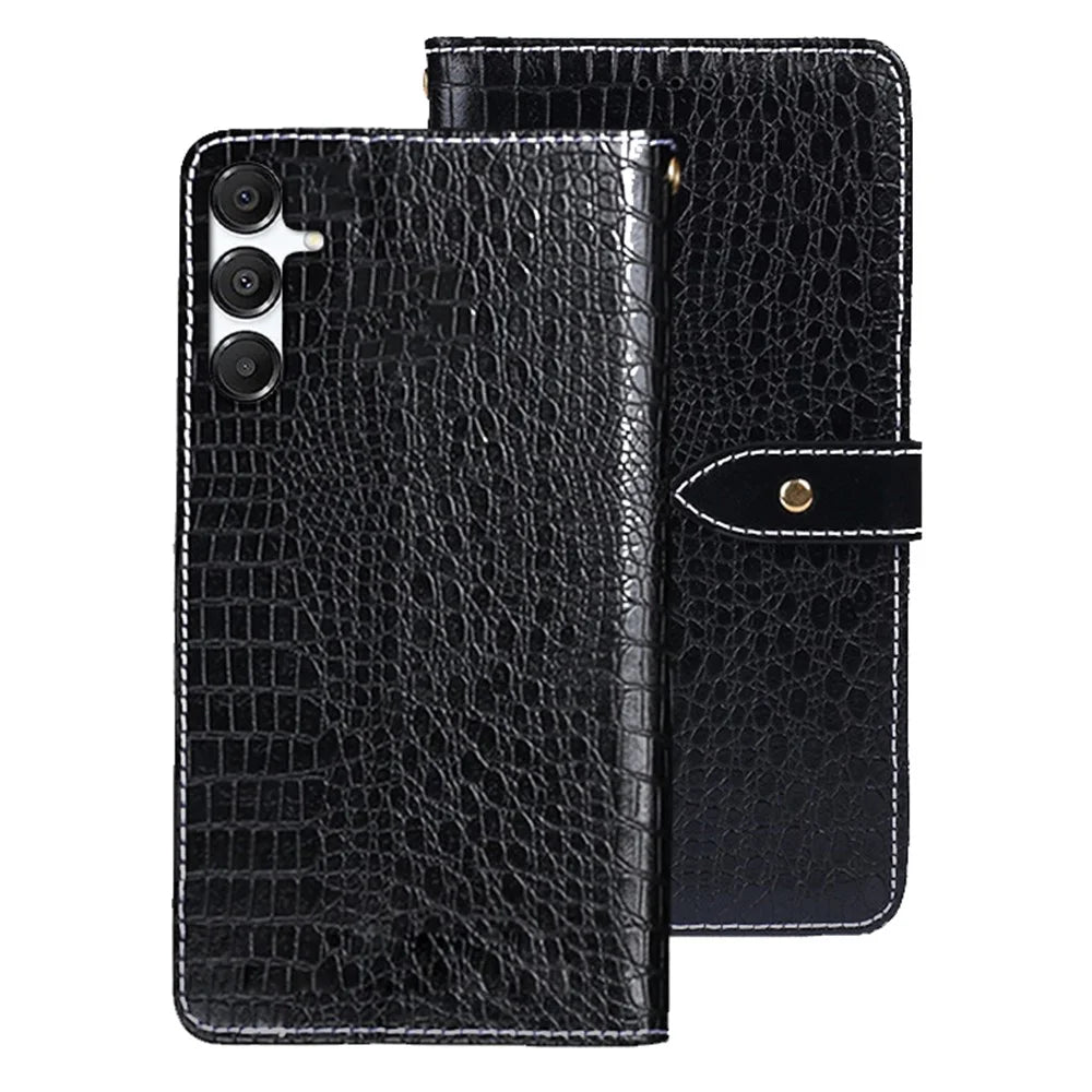 IDEWEI For Samsung Galaxy S25 FE Case Crocodile Texture PU Leather Flip Phone Cover - Black - 1