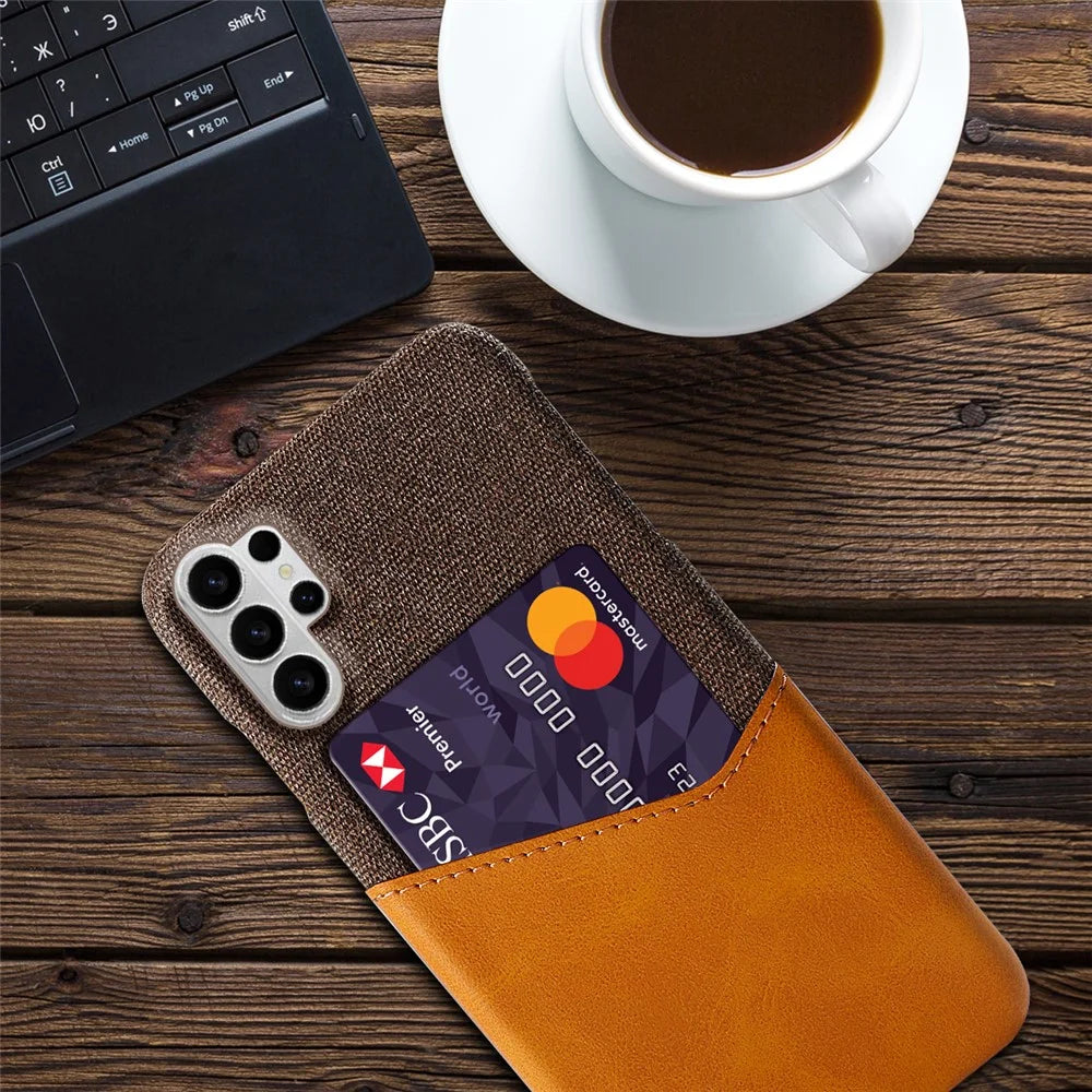 For Samsung Galaxy S26 Ultra Case PU Leather Cloth Texture Hard PC Phone Cover with Card Holder - Orange - 4