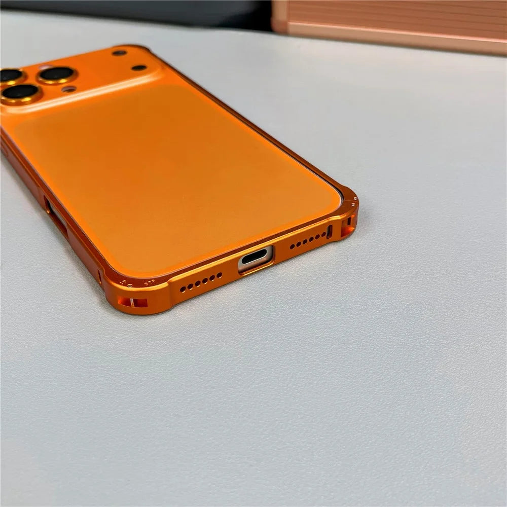 For iPhone 14 Pro Max Metal Case Transfer to 17 Pro Max Phone Cover with Camera Lens Protector - Orange - 6