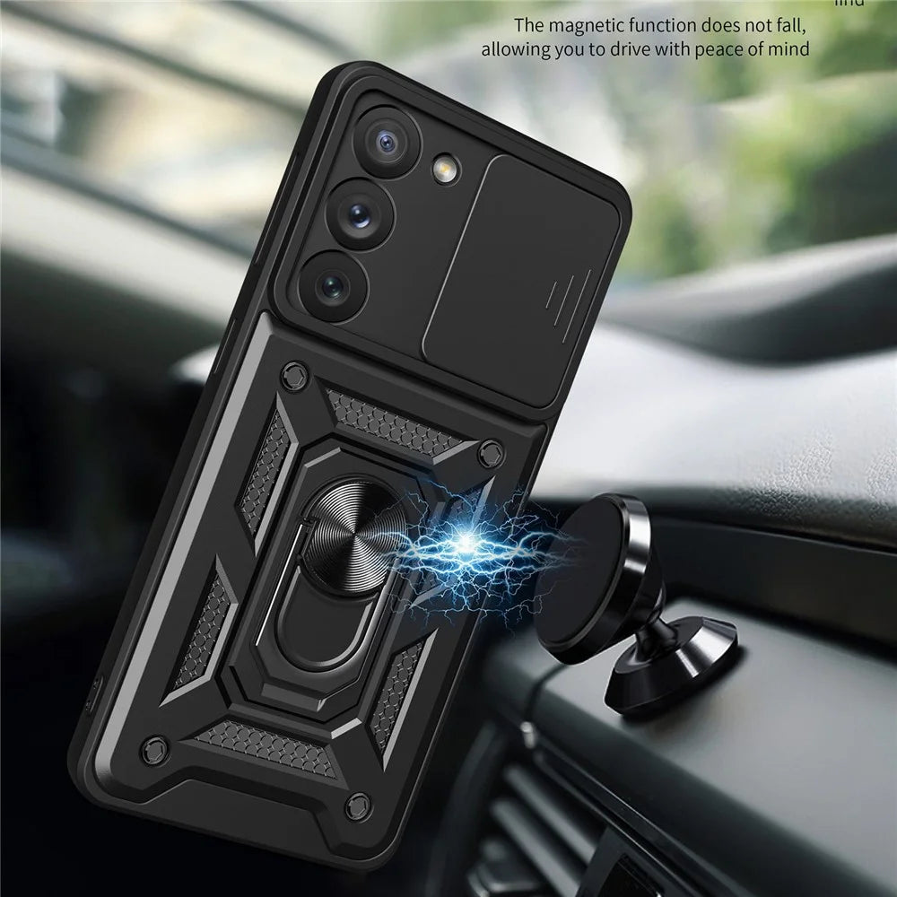 Anti-scratch Phone Case For Samsung Galaxy S23+, Ring Kickstand PC + TPU Back Cover with Slide Camera Protector - Black - 4