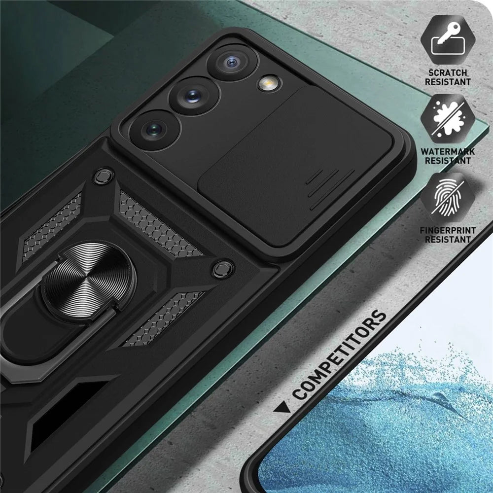 Anti-scratch Phone Case For Samsung Galaxy S23+, Ring Kickstand PC + TPU Back Cover with Slide Camera Protector - Black - 5