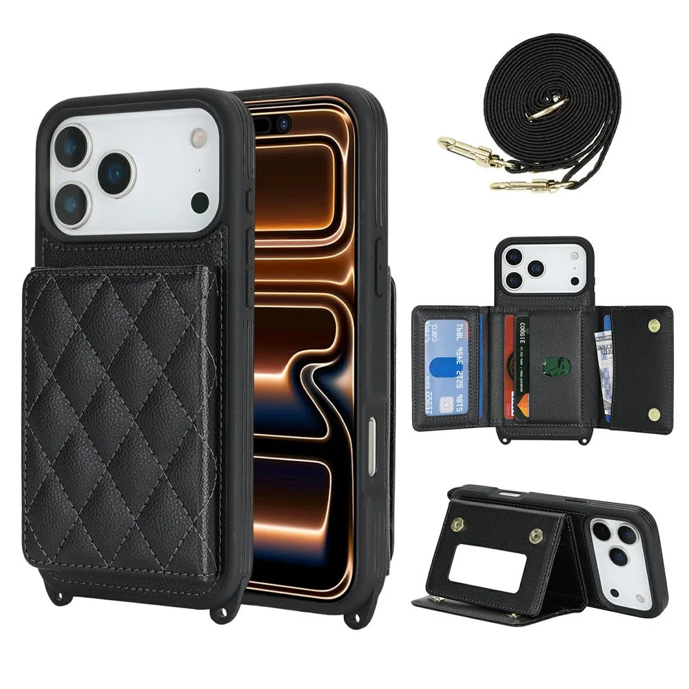 For iPhone 18 Pro Max / 17 Pro Max Case with Lanyard  /  Mirror  /  Card Holder Grids Pattern RFID Blocking Phone Cover - Black - 1