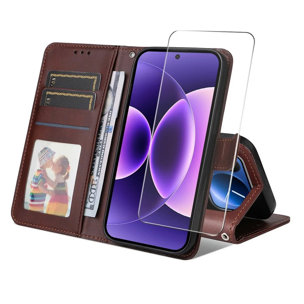 ENKAY HAT PRINCE For Xiaomi 17 Pro Max Wallet Case Calf Texture Leather Phone Stand Cover with Strap and 0.18mm Screen Film (Support Ultrasonic Fingerprint Unlock) - Brown - 1