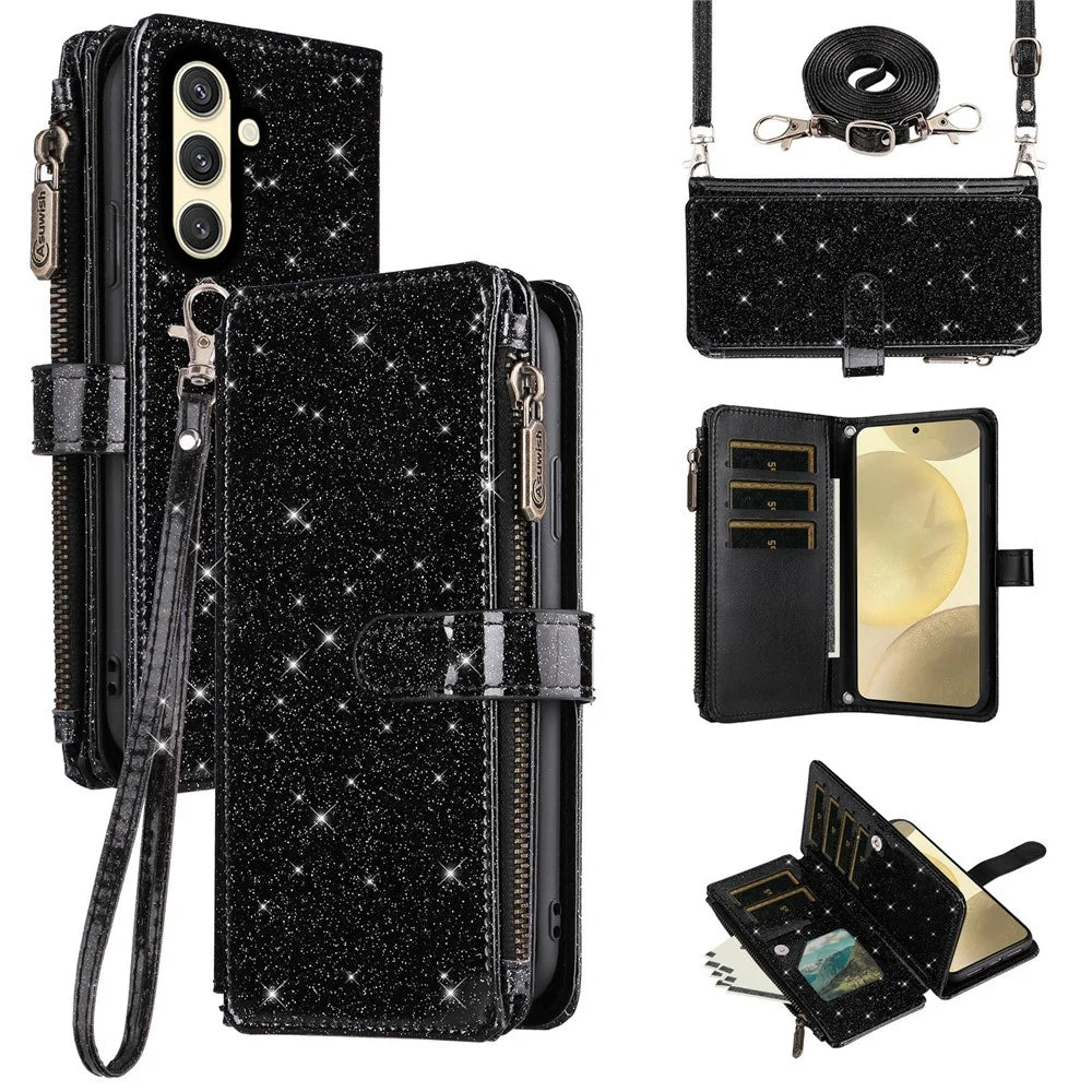 ASUWISH For Samsung Galaxy A15 4G / 5G Case 10 Card Holder Glitter Leather Phone Cover with Crossbody Strap - Black - 1