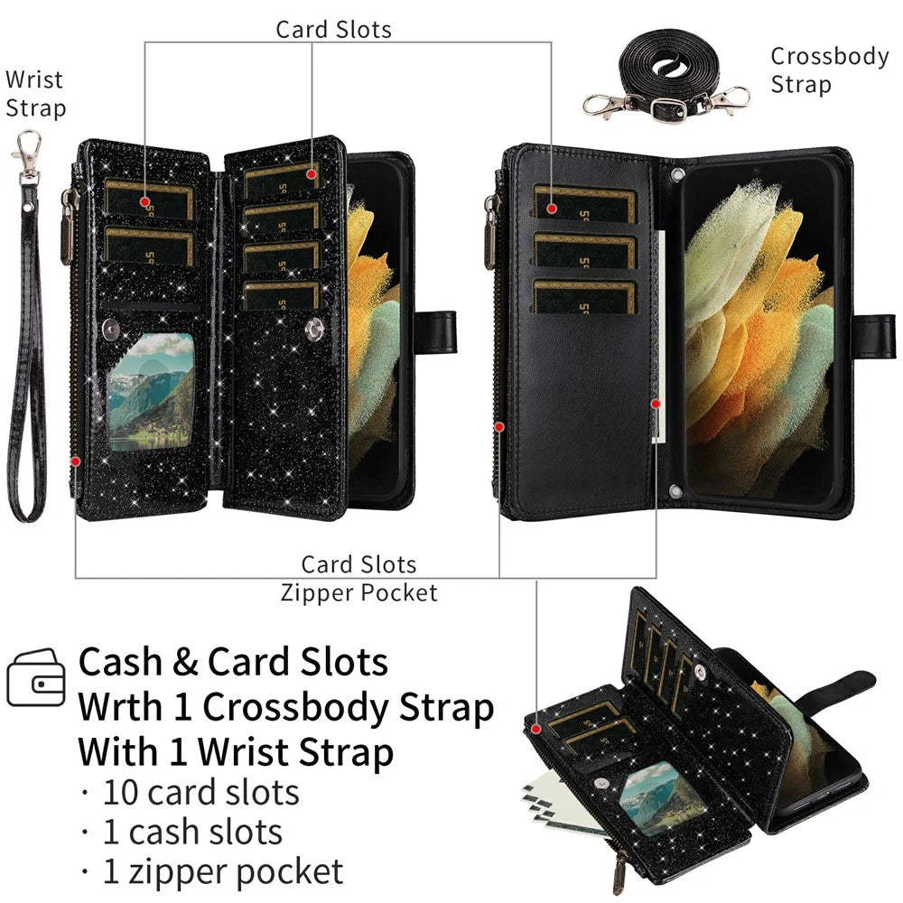 ASUWISH For Samsung Galaxy A15 4G / 5G Case 10 Card Holder Glitter Leather Phone Cover with Crossbody Strap - Black - 2