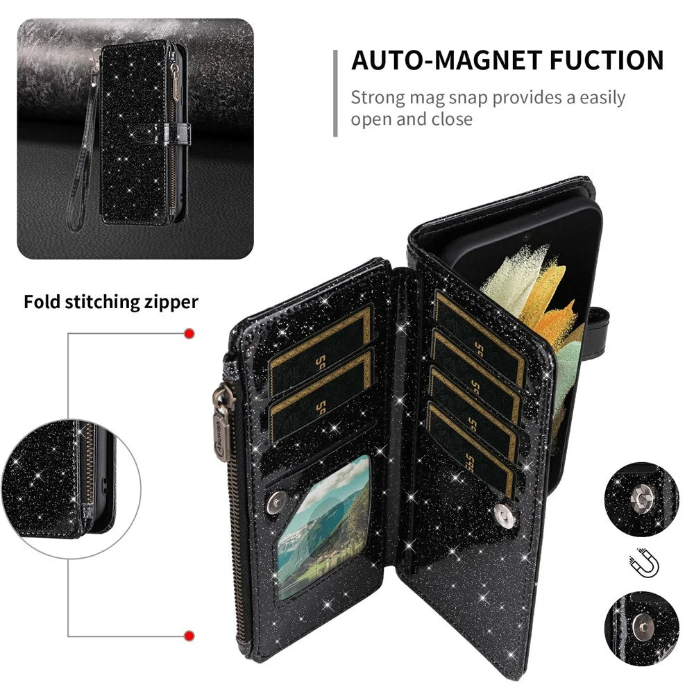 ASUWISH For Samsung Galaxy A15 4G / 5G Case 10 Card Holder Glitter Leather Phone Cover with Crossbody Strap - Black - 5