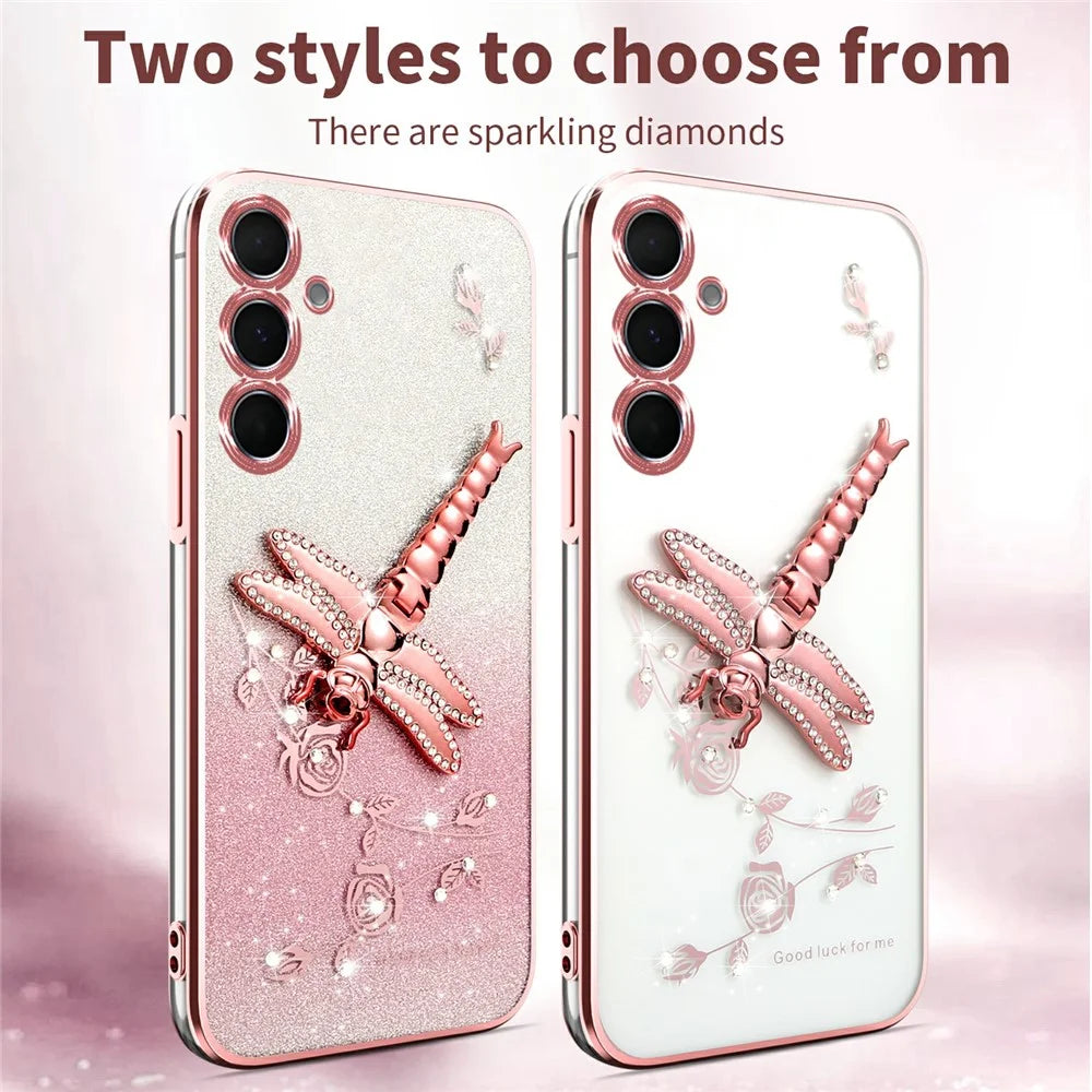 KADEM For Samsung Galaxy S25 FE Case Dragonfly Kickstand TPU Flowers Glitter Phone Cover - Pink - 3