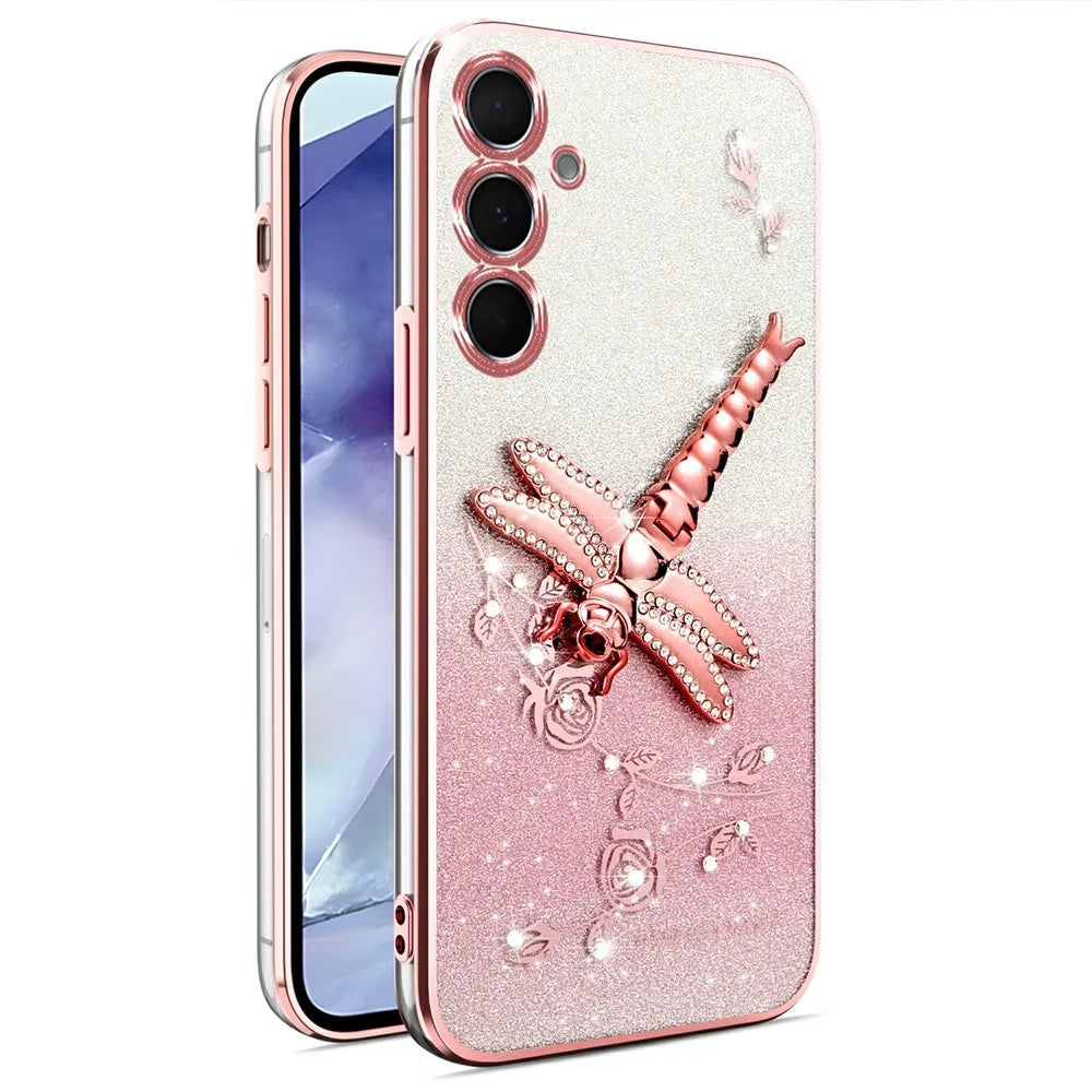 KADEM For Samsung Galaxy S26 Case Dragonfly Kickstand TPU Flowers Glitter Phone Cover - Rose Gold - 1
