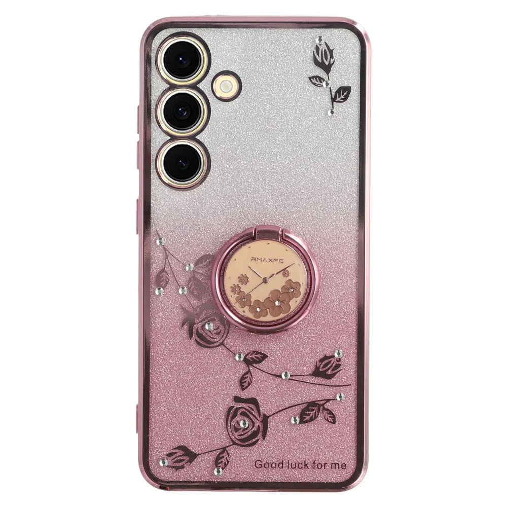 KADEM For Samsung Galaxy S26 Case Ring Kickstand TPU Flowers Phone Cover Gradient Glitter - Rose Gold - 1